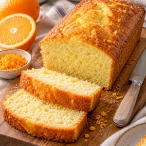 Bizcocho de naranja esponjoso cortado en rebanadas junto a naranjas frescas