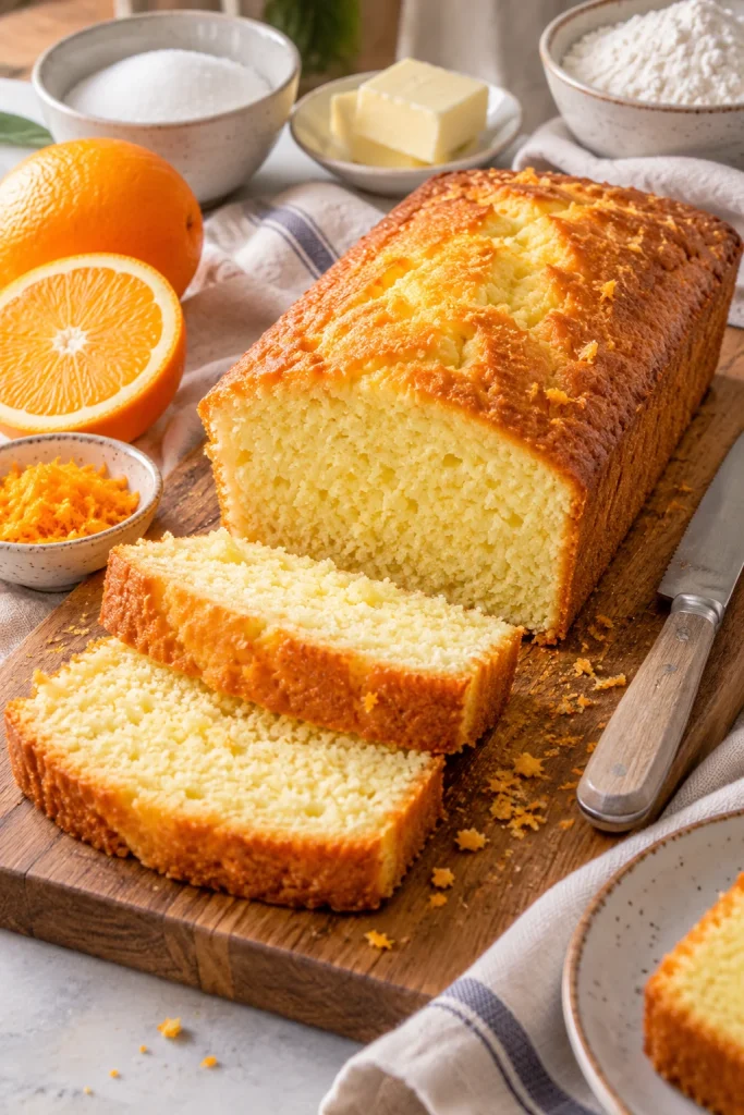 Bizcocho de naranja esponjoso cortado en rebanadas junto a naranjas frescas