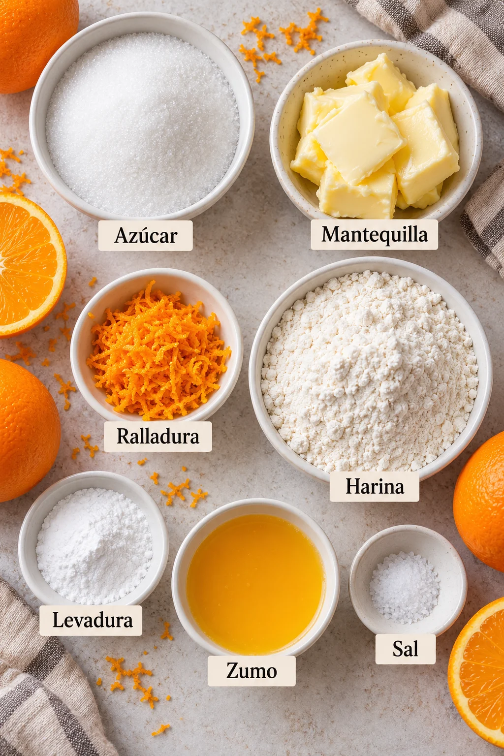 Ingredientes etiquetados para bizcocho de naranja