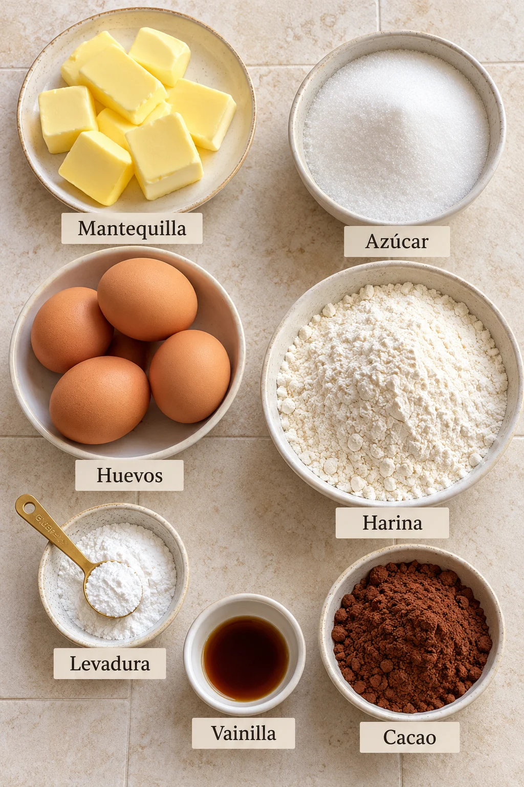Ingredientes etiquetados para bizcocho marmolado casero en disposición plana
