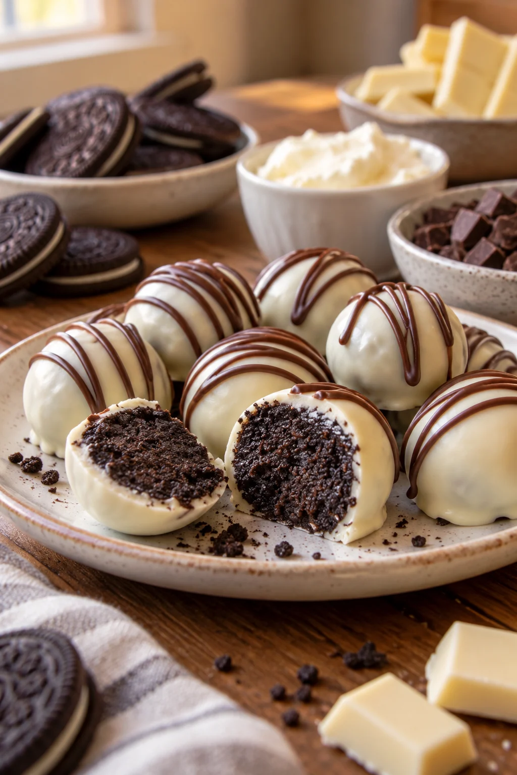 Bolitas de oreo y chocolate blanco servidas en la mesa