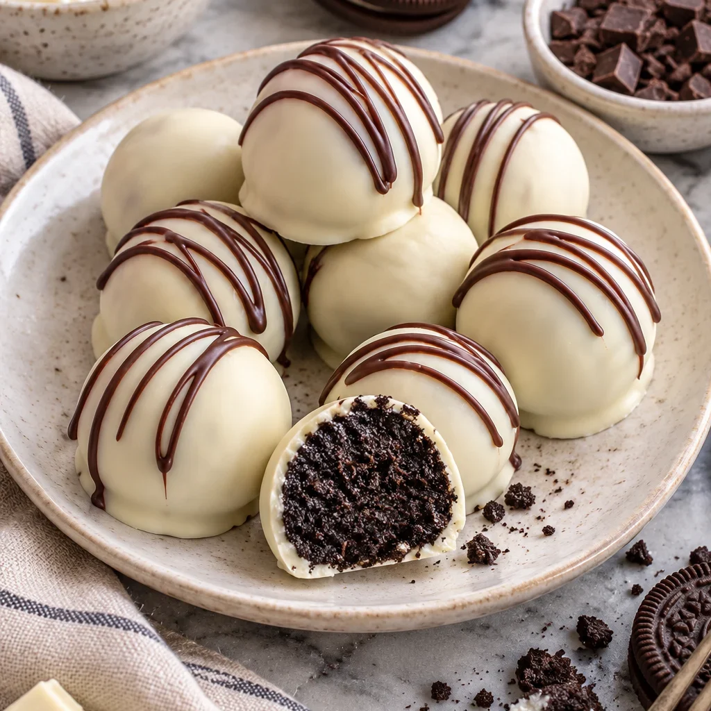 Bolitas de oreo y chocolate blanco en un plato, con galletas Oreo y trozos de chocolate alrededor