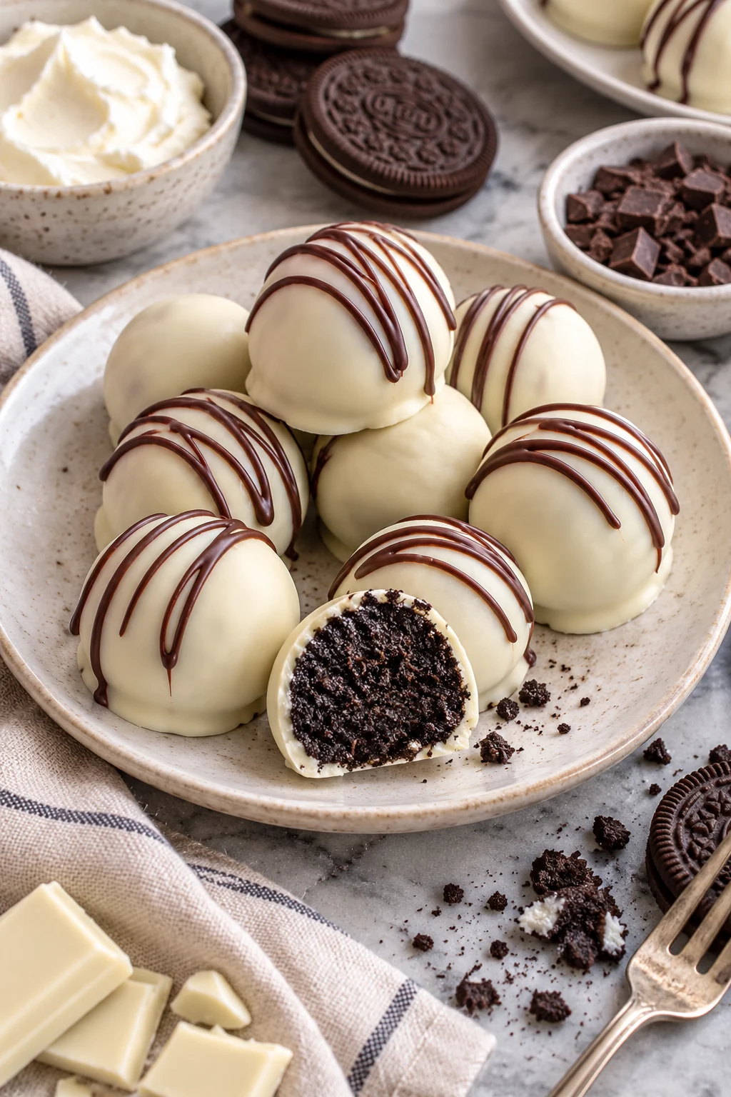 Deliciosas bolitas de oreo y chocolate blanco en un plato