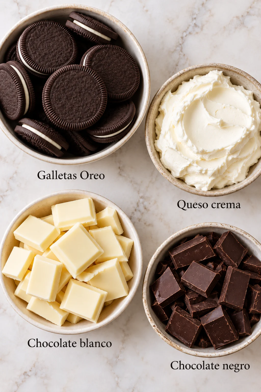 Ingredientes etiquetados para bolitas de oreo y chocolate blanco