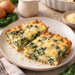 Budín de acelga servido en un plato con hojas de acelga frescas
