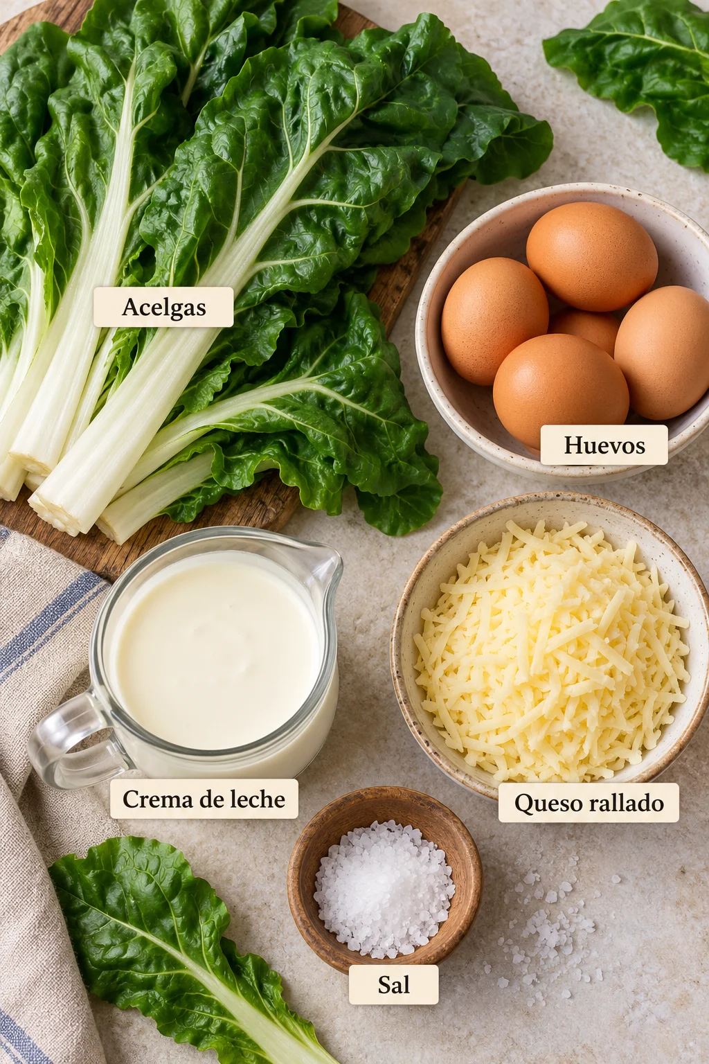Ingredientes etiquetados para budín de acelga