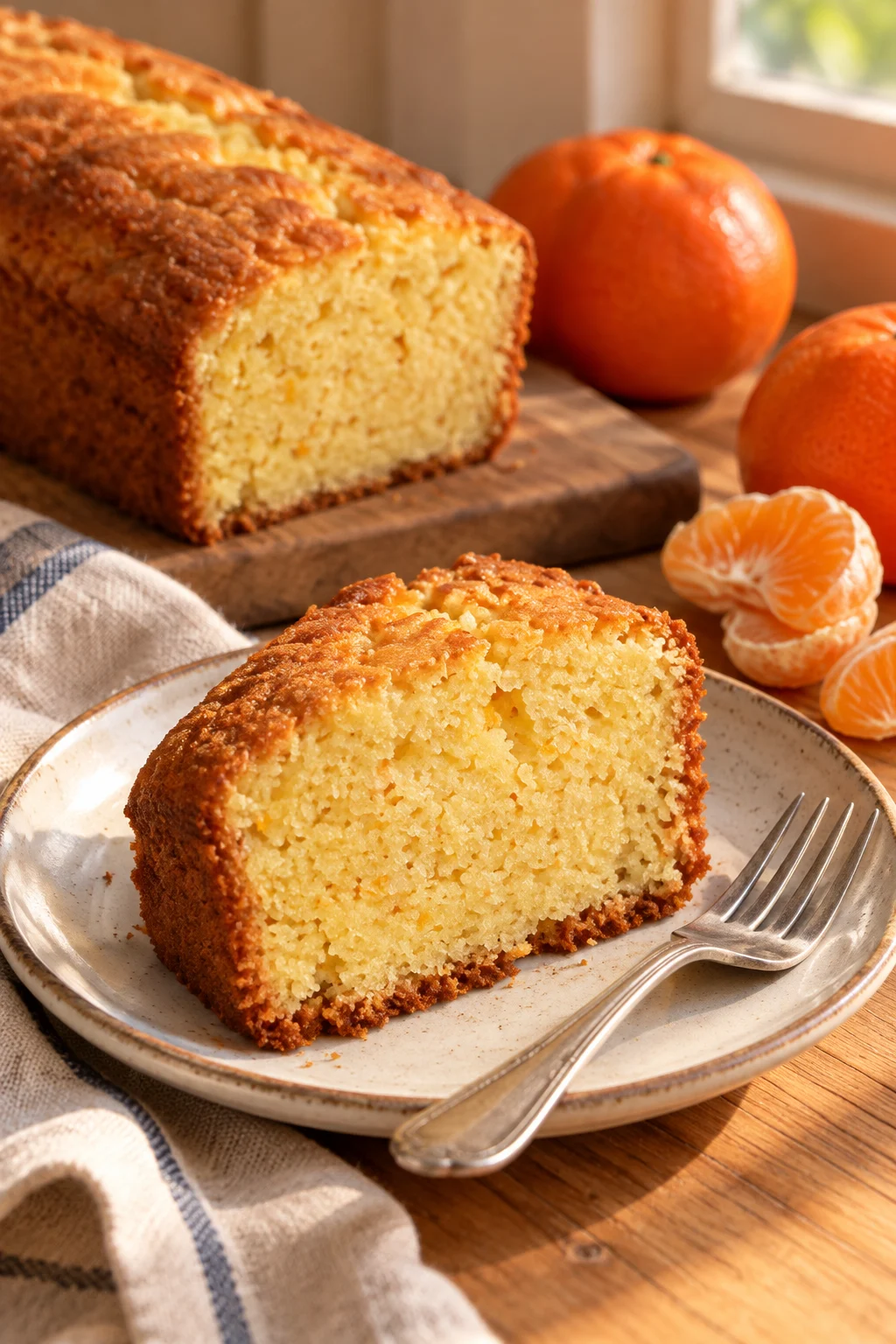 Close-up de un trozo de budín de mandarina servido