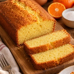 Budín de mandarina casero cortado en rebanadas con mandarinas y huevos alrededor