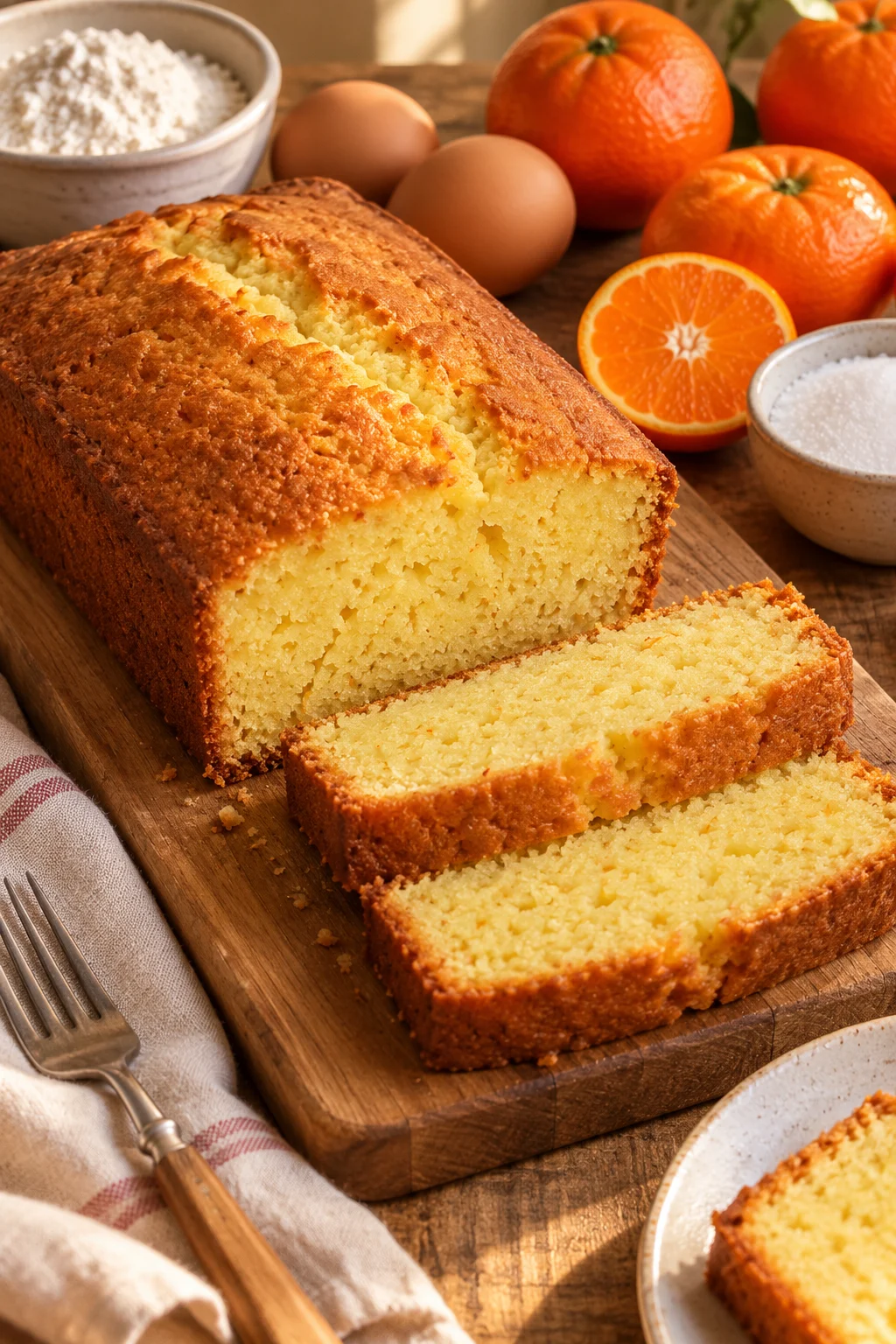 Budín de mandarina decorado con mandarinas frescas y harina