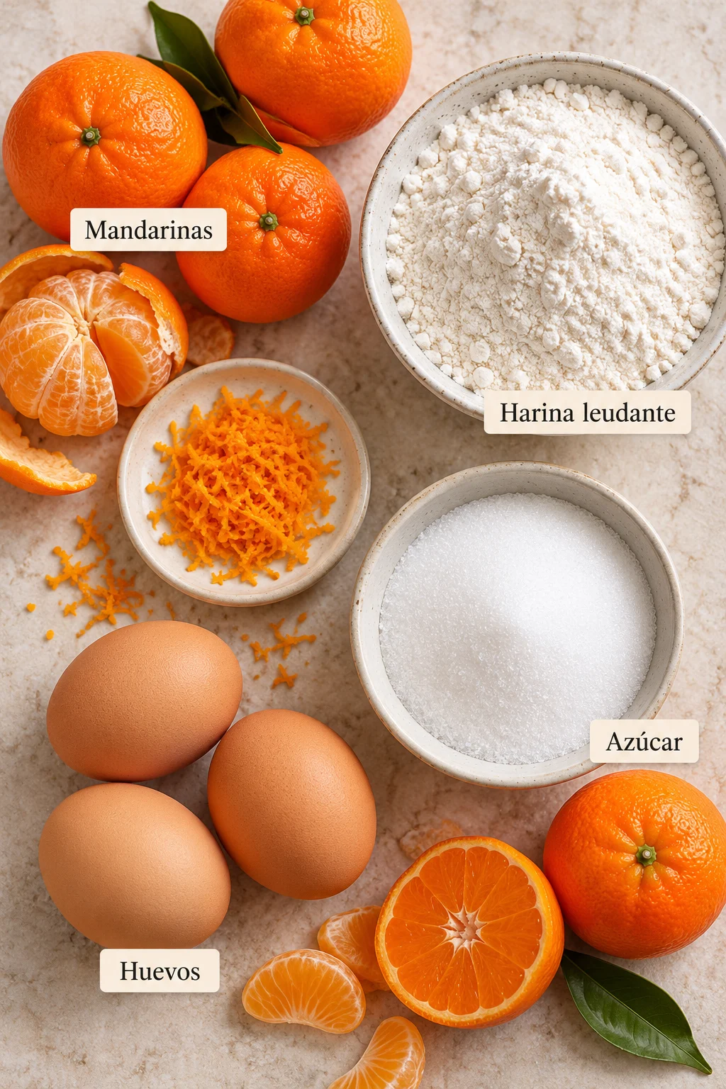 Ingredientes etiquetados para budín de mandarina