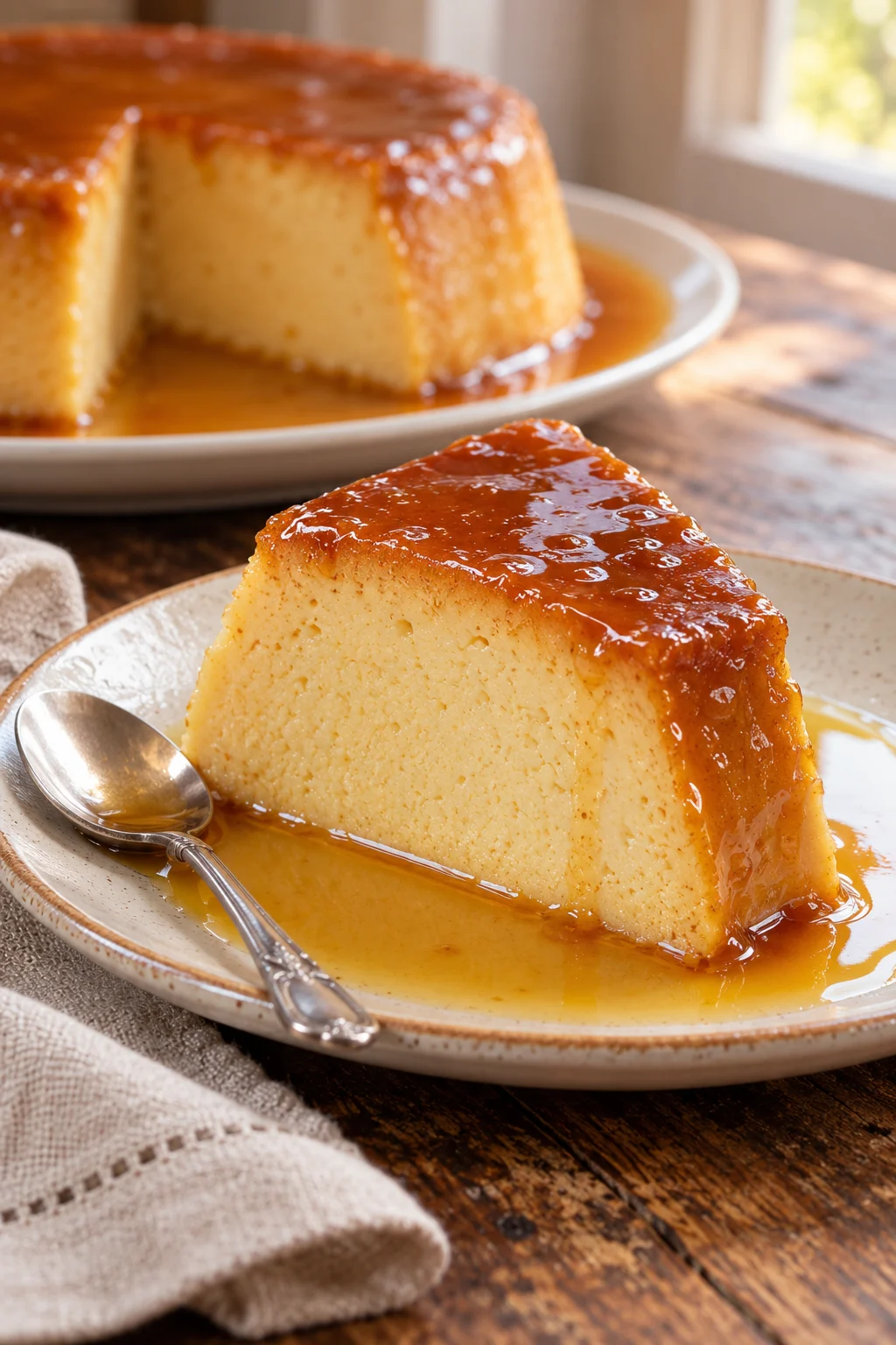 Porción de budín de pan sin horno con textura cremosa
