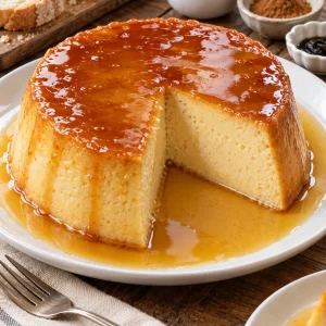 Budín de pan sin horno cubierto de caramelo líquido