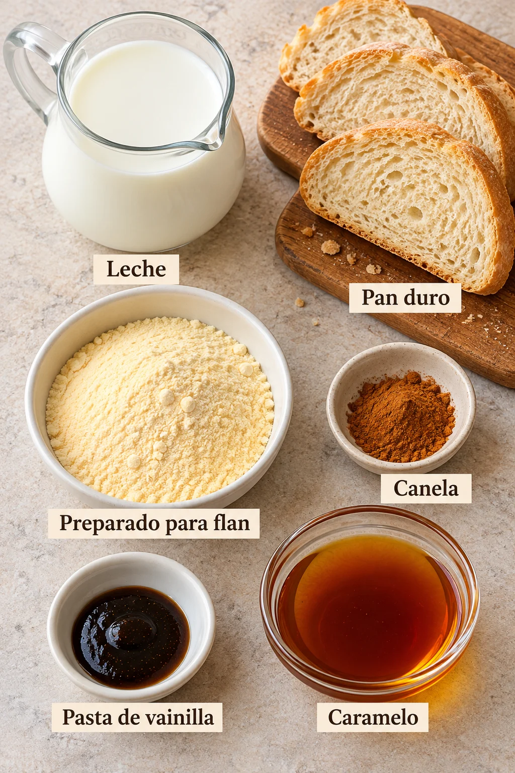 Ingredientes etiquetados para budín de pan sin horno