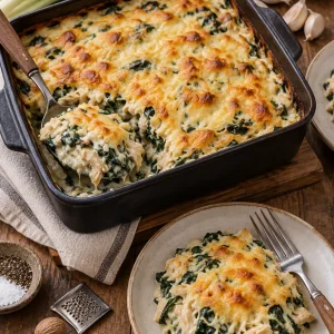Budín de pollo y acelga recién horneado, con capas de pollo y acelga.