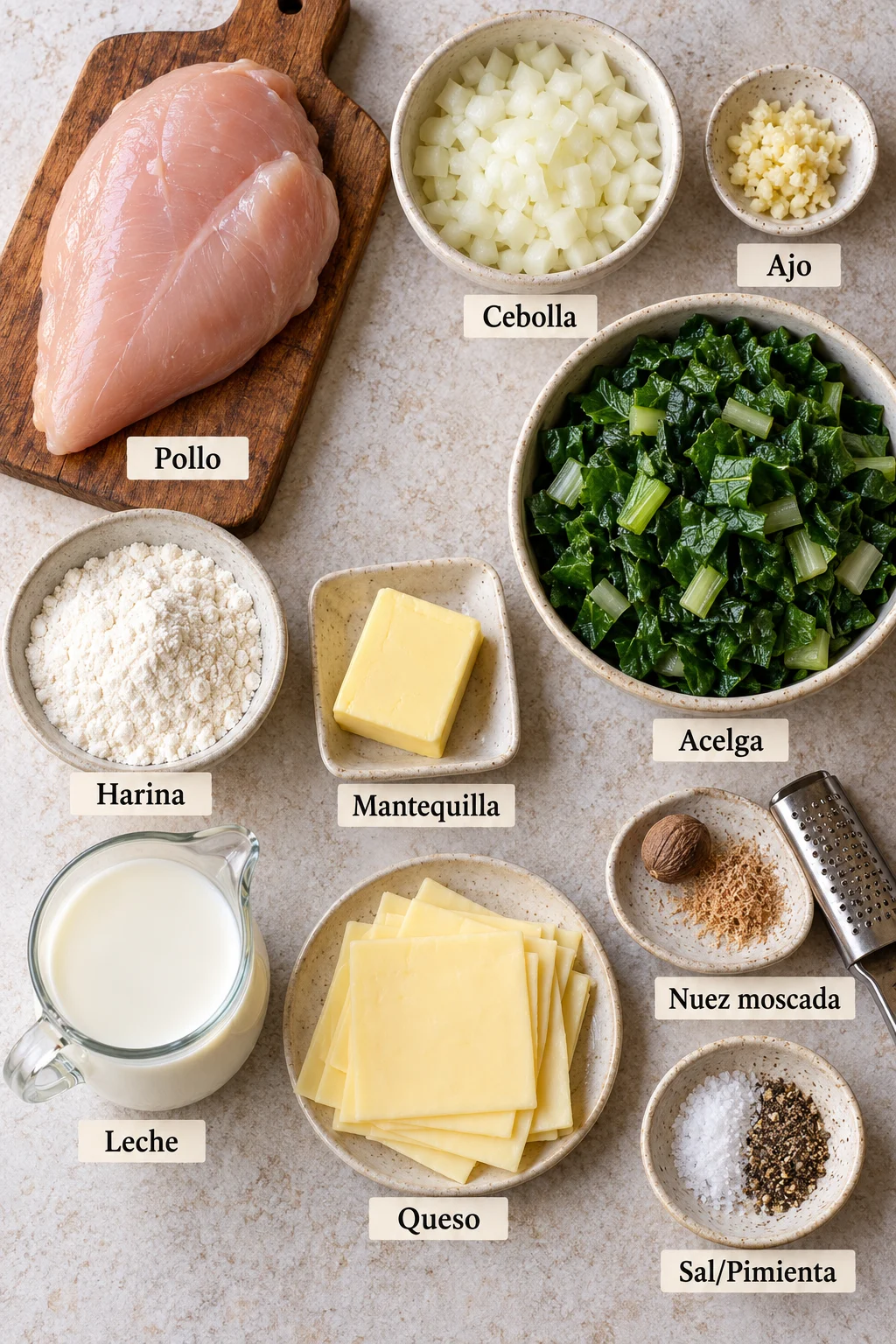 Ingredientes etiquetados para budín de pollo y acelga.
