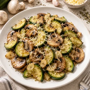 Plato de calabacín salteado bajo en carbohidratos con champiñones y queso emmental con hierbas provenzales