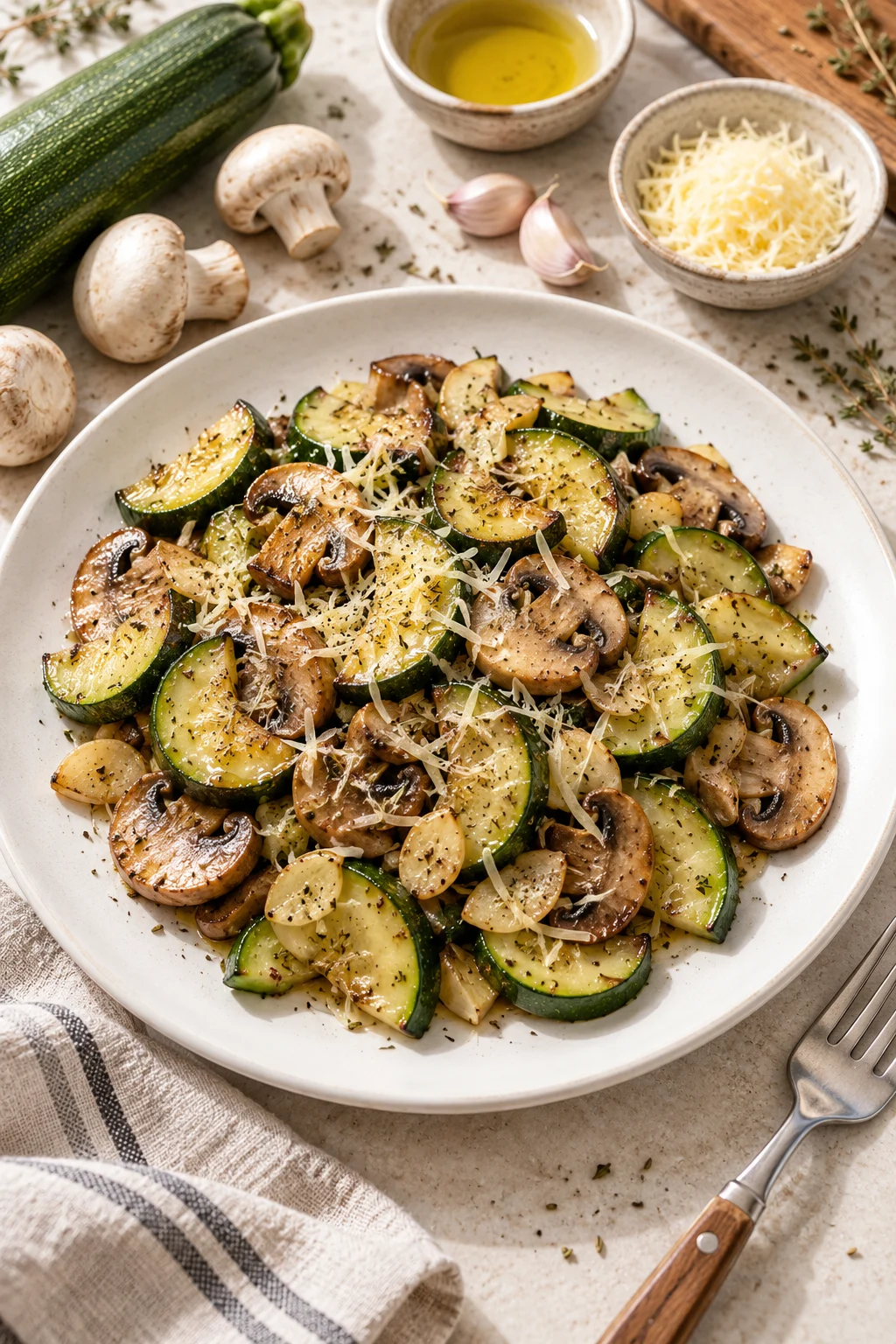 Plato de calabacín salteado bajo en carbohidratos con champiñones y queso emmental servido con hierbas frescas