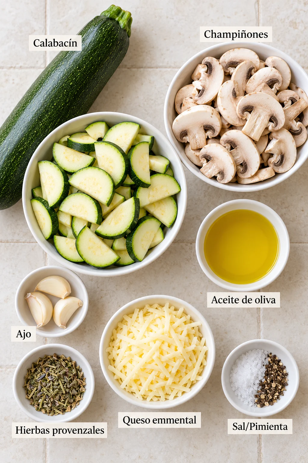 Ingredientes etiquetados para calabacín salteado bajo en carbohidratos con champiñones en disposición flat-lay