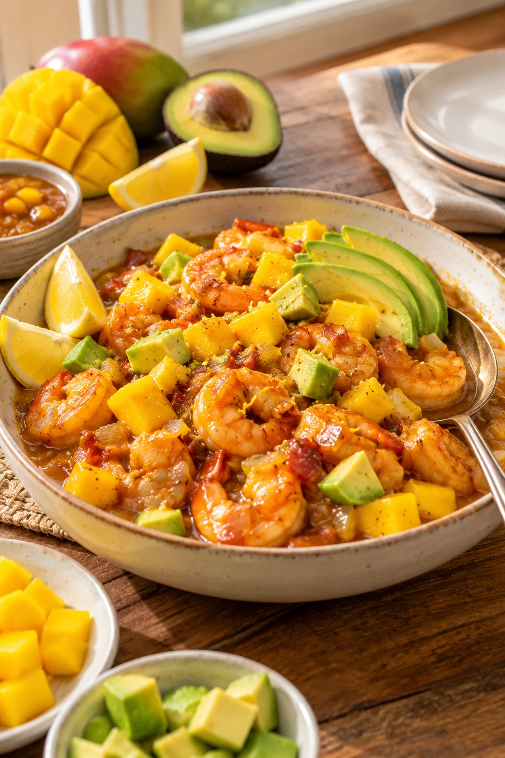 Camarones con salsa agridulce de mango mostrando su textura y presentación.