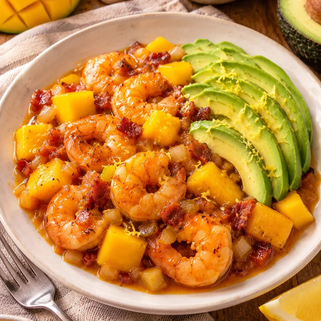 Camarones con salsa agridulce de mango servidos con aguacate y ralladura de limón.