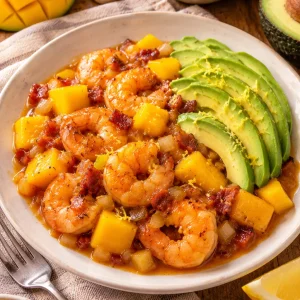 Camarones con salsa agridulce de mango servidos con aguacate y ralladura de limón.