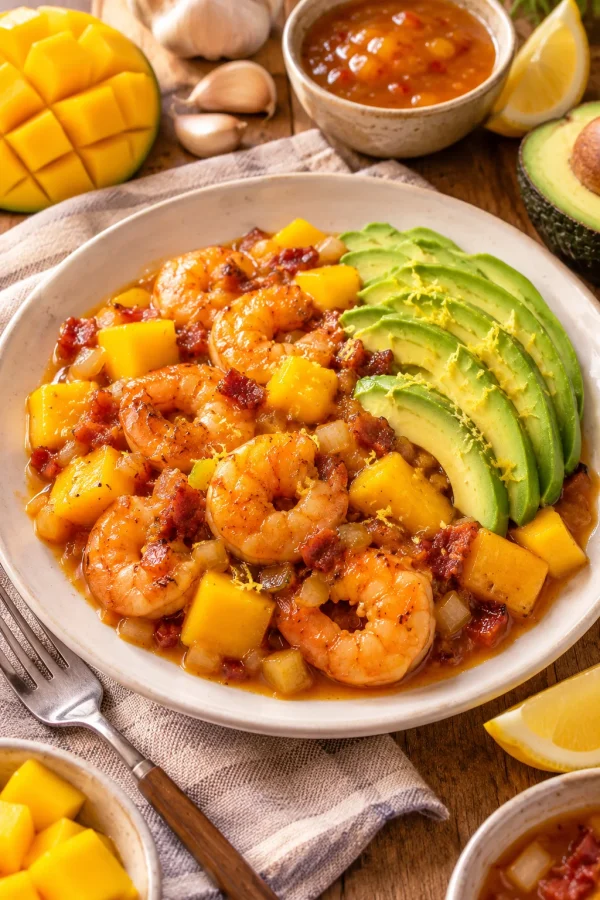Camarones con salsa agridulce de mango servidos con aguacate y ralladura de limón.