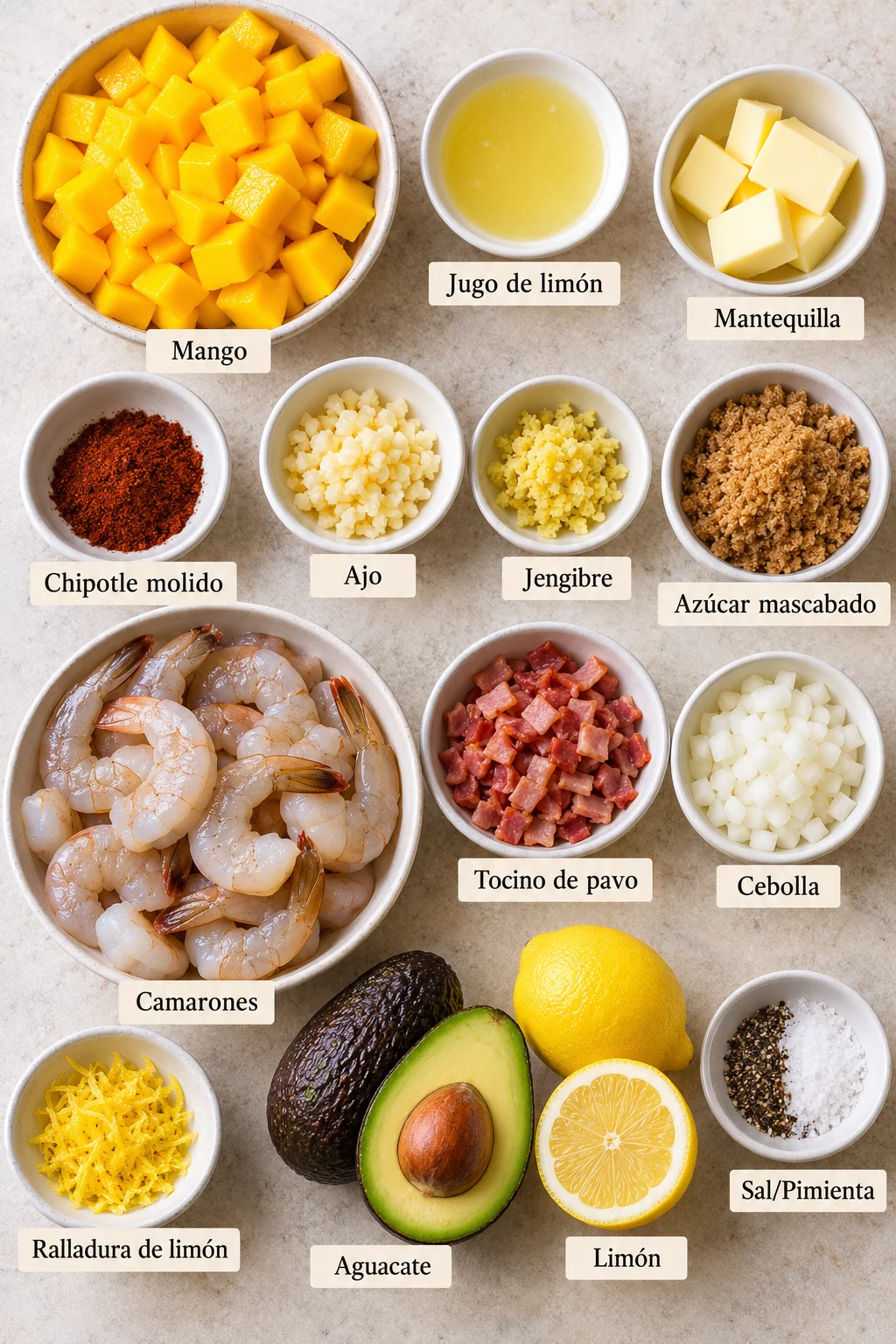 Ingredientes etiquetados para camarones con salsa agridulce de mango.