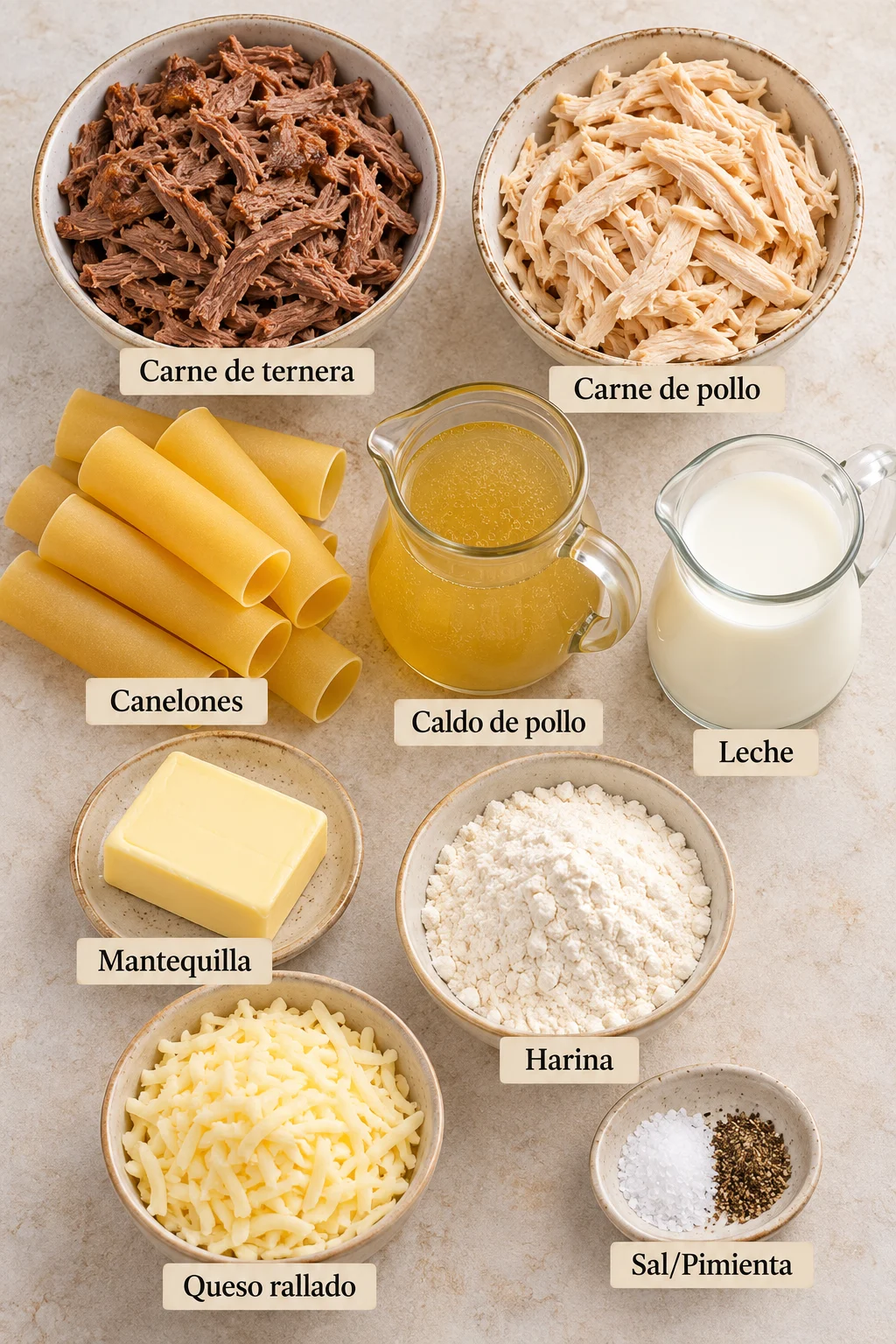 Ingredientes etiquetados para canelones de aprovechamiento