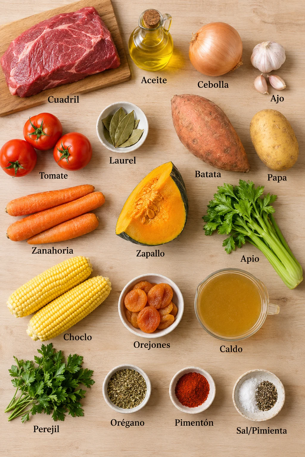 Ingredientes etiquetados para carbonada criolla