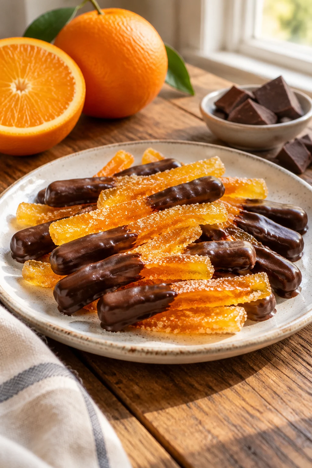 Primer plano de tiras de cáscara de naranja confitada cubiertas de chocolate negro