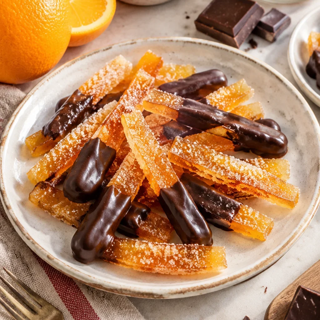 Tiras de cáscara de naranja confitada con chocolate y azúcar en un plato blanco