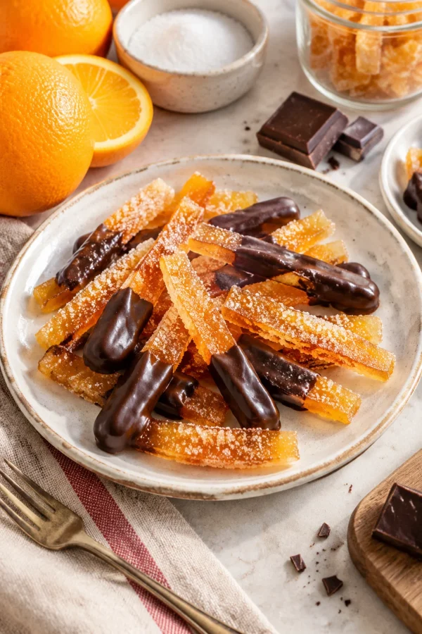 Tiras de cáscara de naranja confitada con chocolate y azúcar en un plato blanco