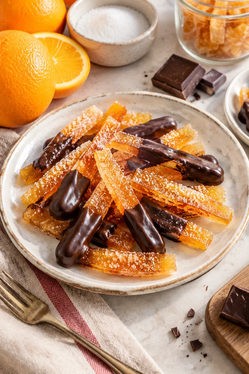 Tiras de cáscara de naranja confitada con chocolate y azúcar en un plato blanco