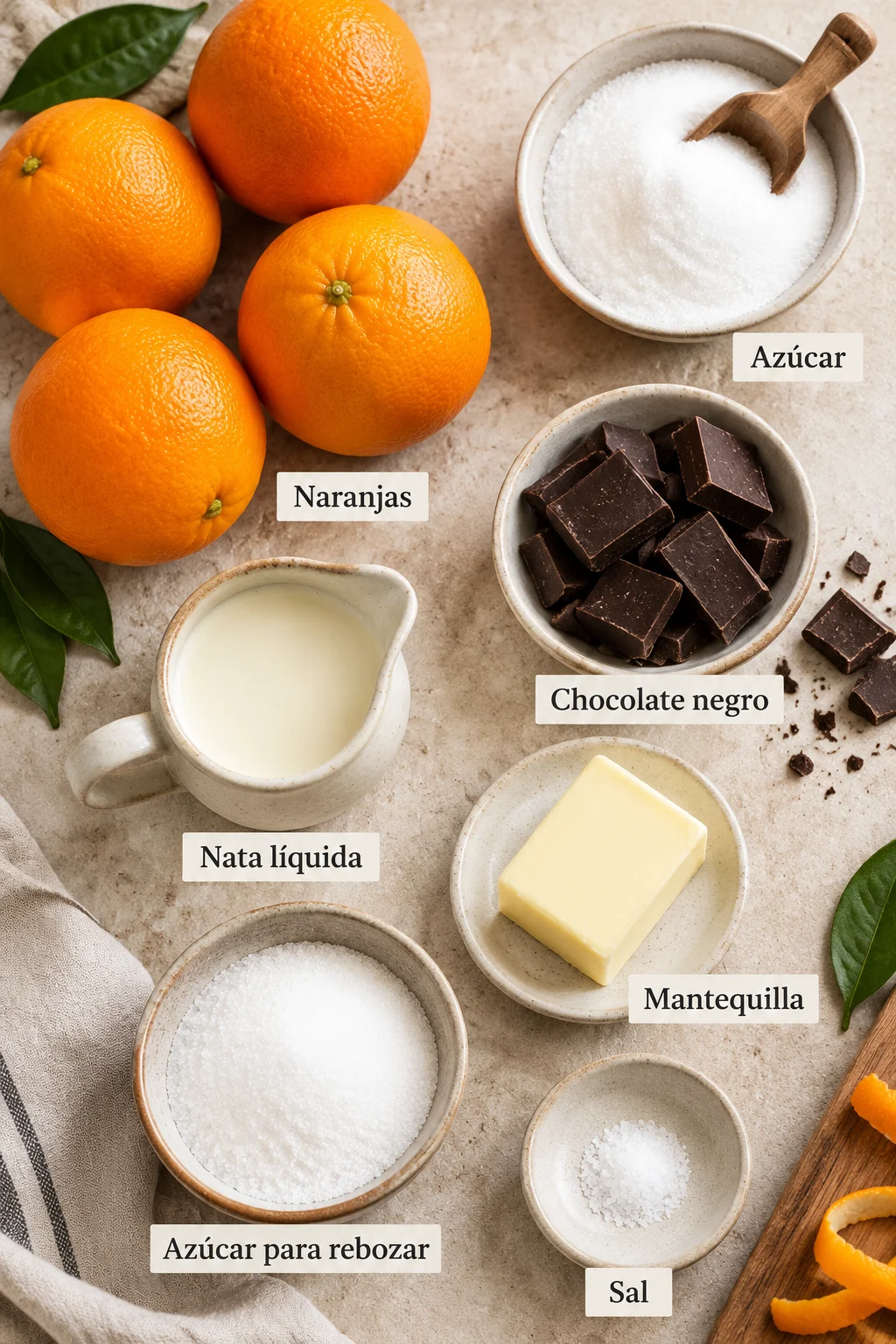 Ingredientes etiquetados para cáscara de naranja confitada sobre superficie clara