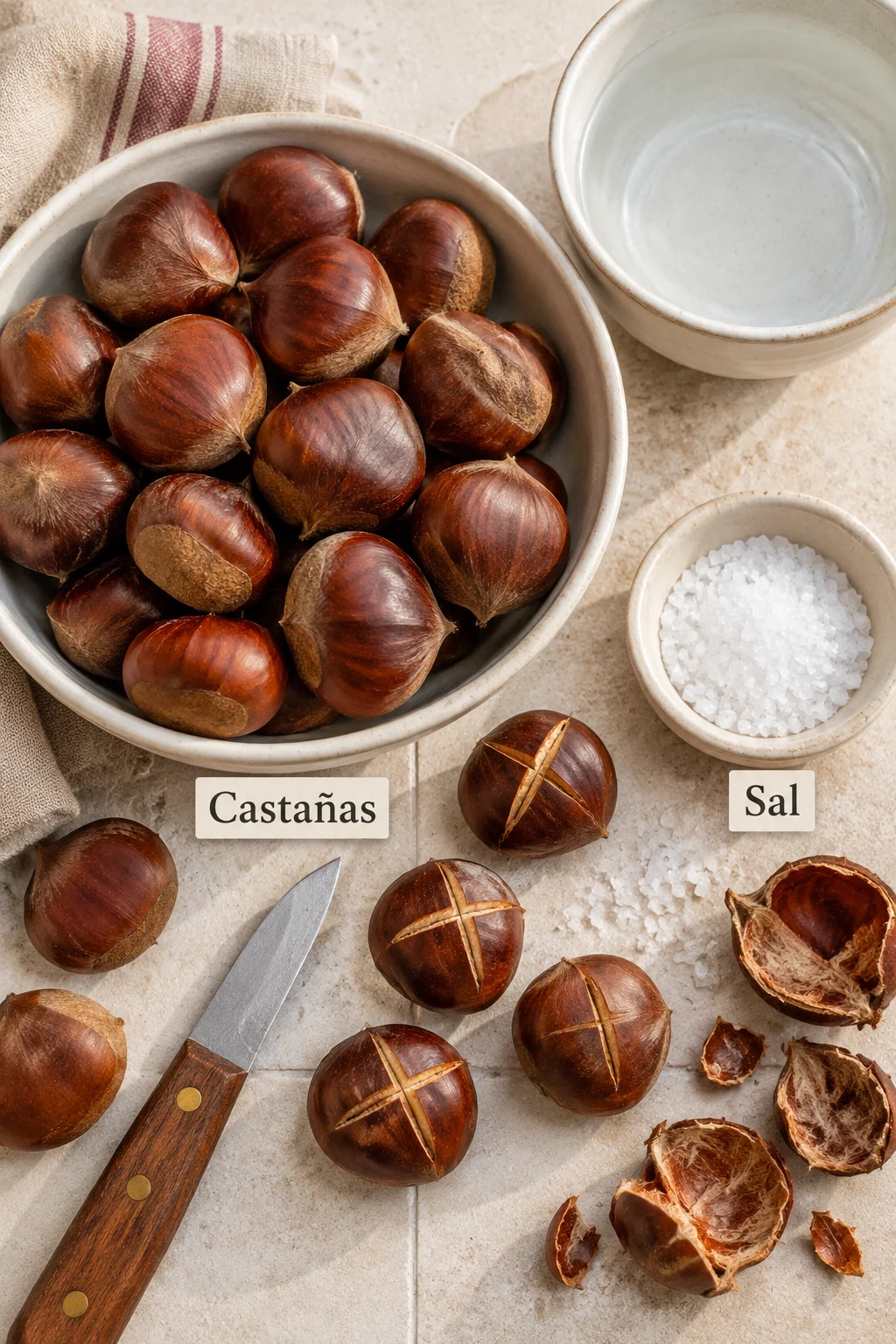Ingredientes etiquetados para castañas asadas: castañas, sal y agua para remojo