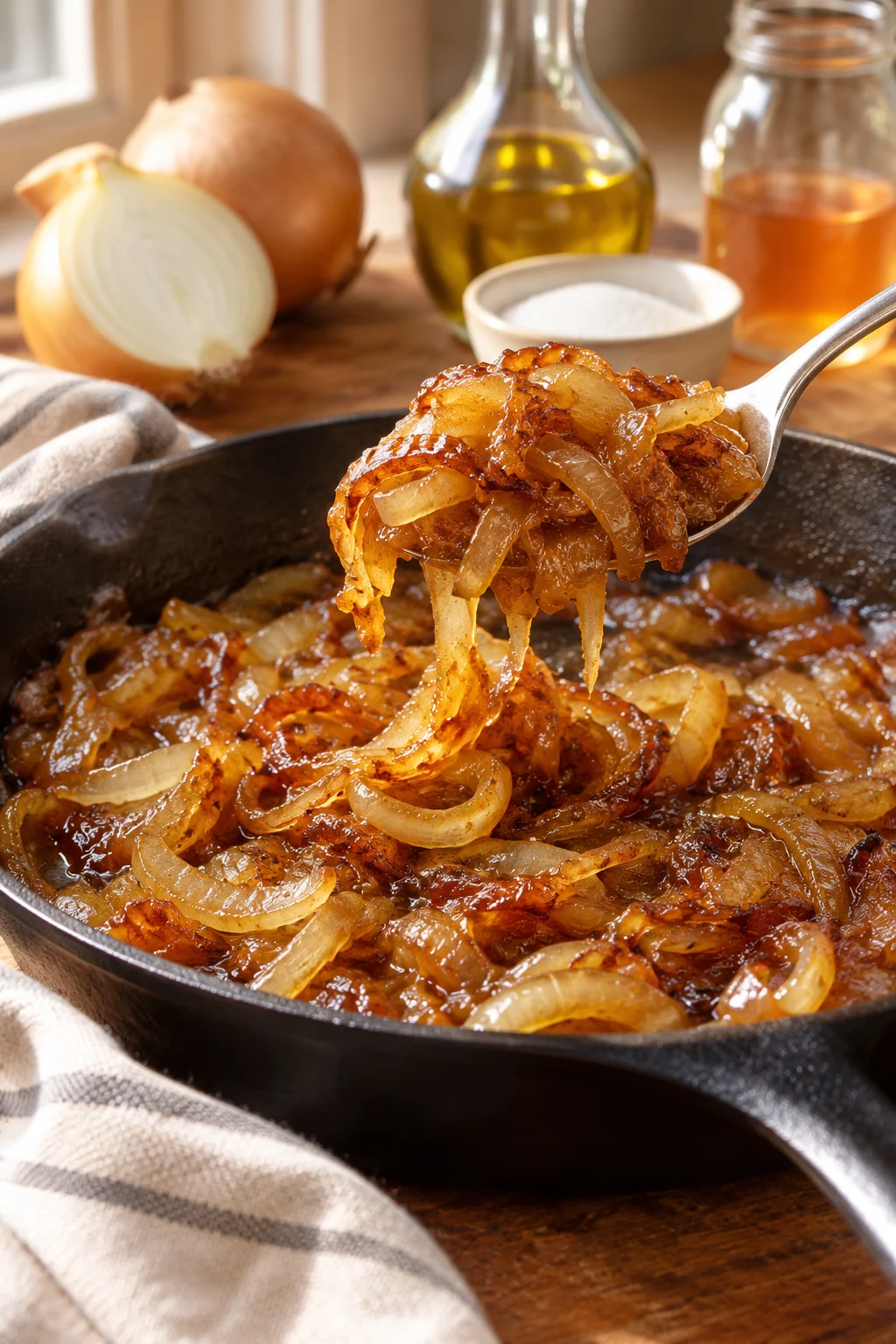 Cebolla caramelizada servida en un plato, mostrando su textura y color.