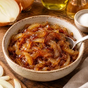 Cebolla caramelizada en un plato, mostrando su color dorado y textura brillante.