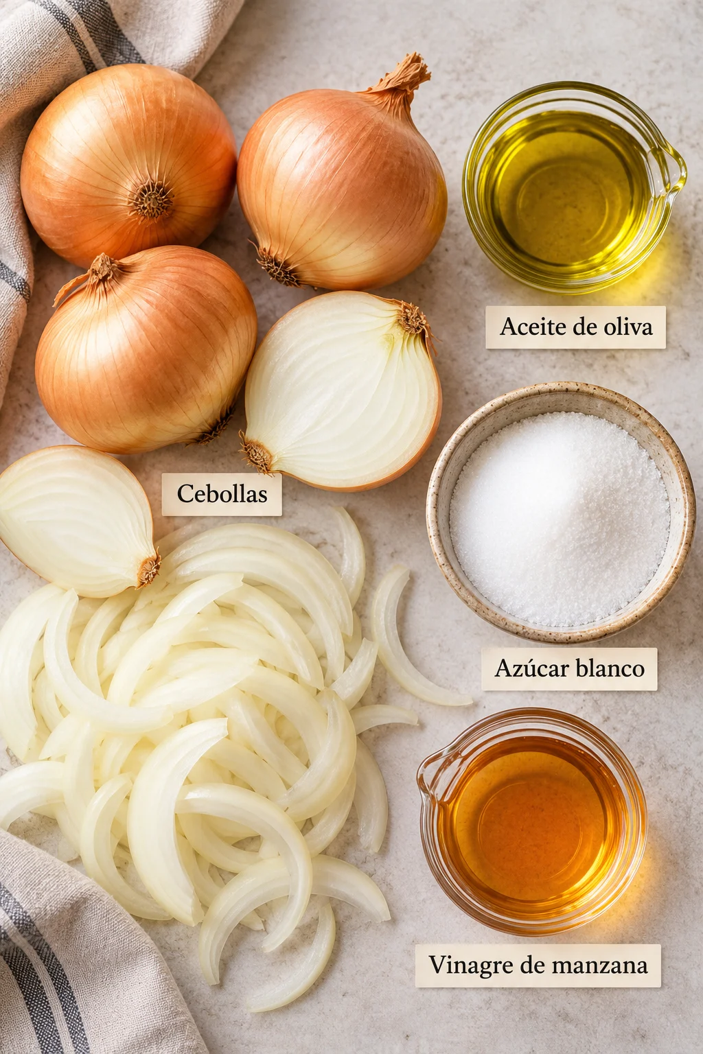 Ingredientes etiquetados para cebolla caramelizada: cebollas, aceite de oliva, azúcar, vinagre de manzana y agua.