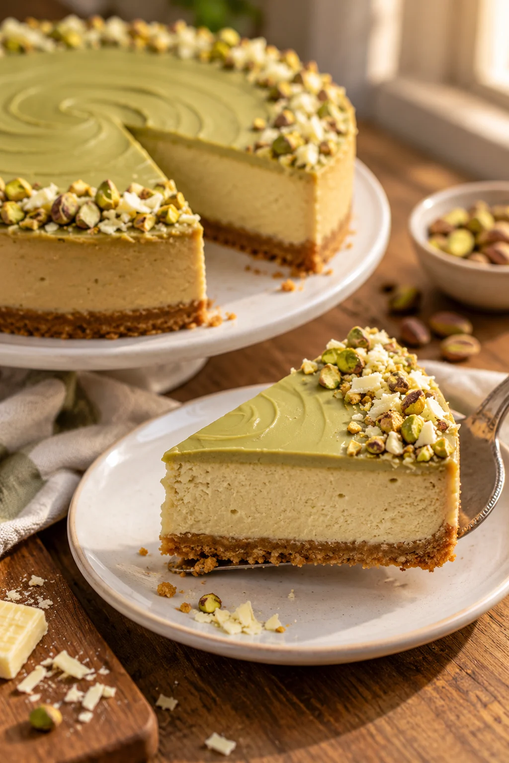 Porción de cheesecake de pistacho servida con pistachos y chocolate blanco.