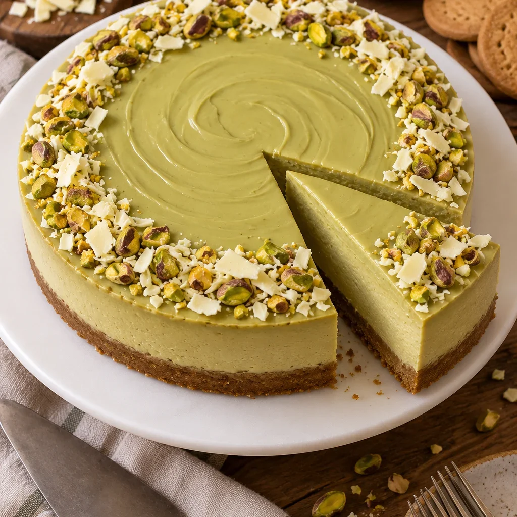 Cheesecake de pistacho decorado con pistachos y virutas de chocolate blanco.
