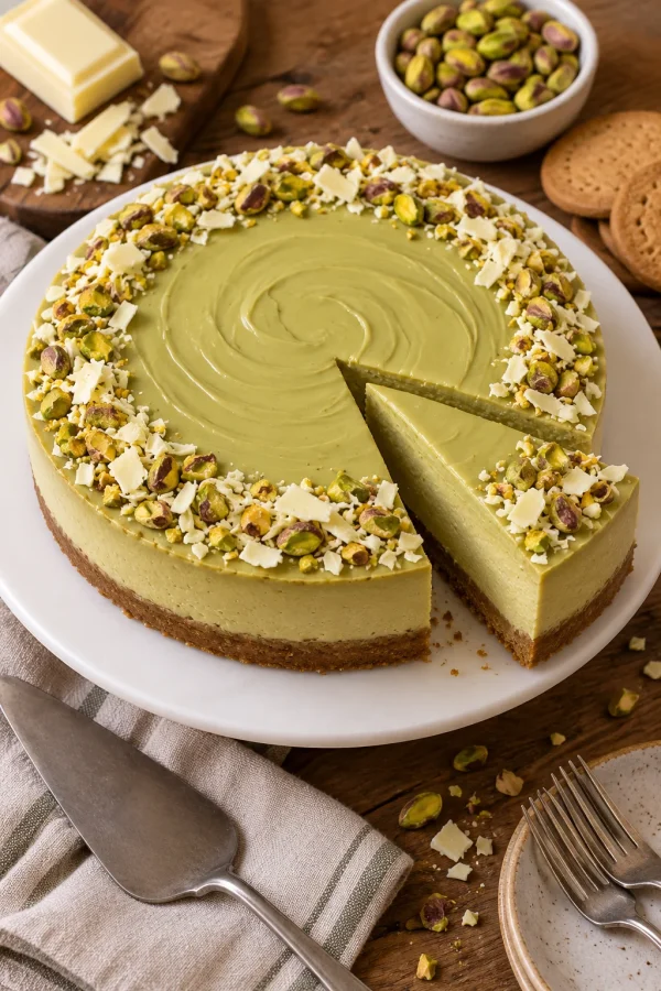 Cheesecake de pistacho decorado con pistachos y virutas de chocolate blanco.