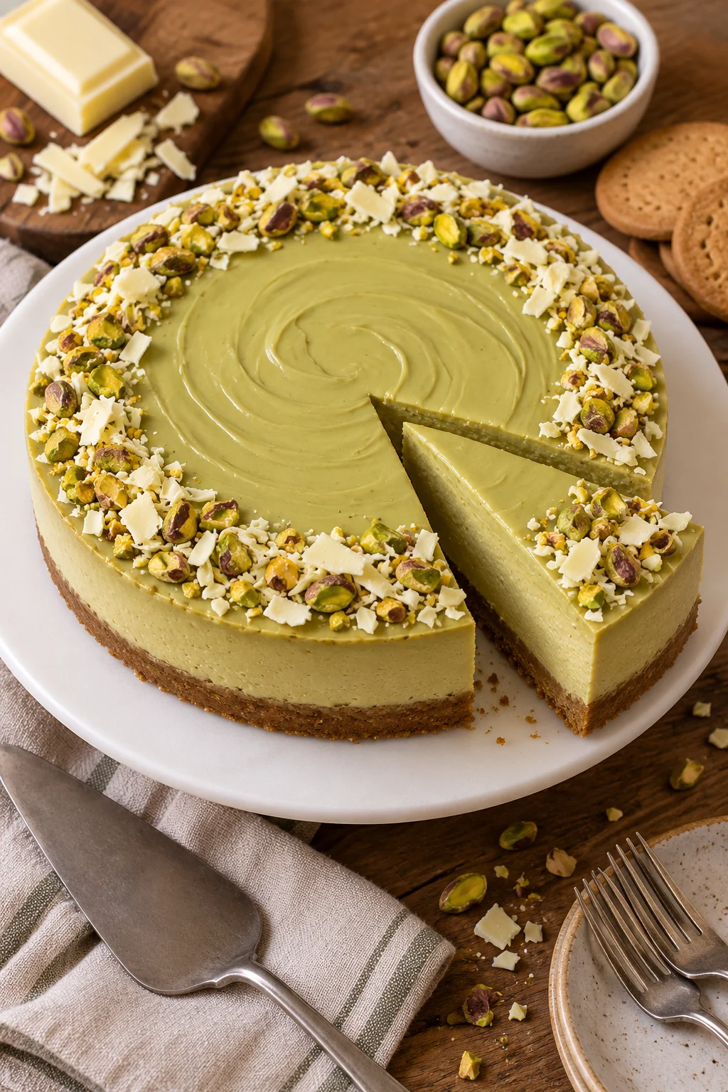 Cheesecake de pistacho decorado con pistachos y virutas de chocolate blanco.