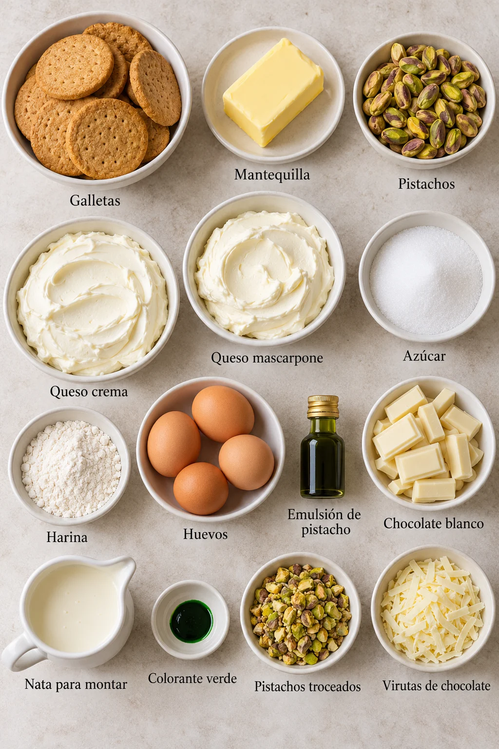 Ingredientes etiquetados para cheesecake de pistacho.