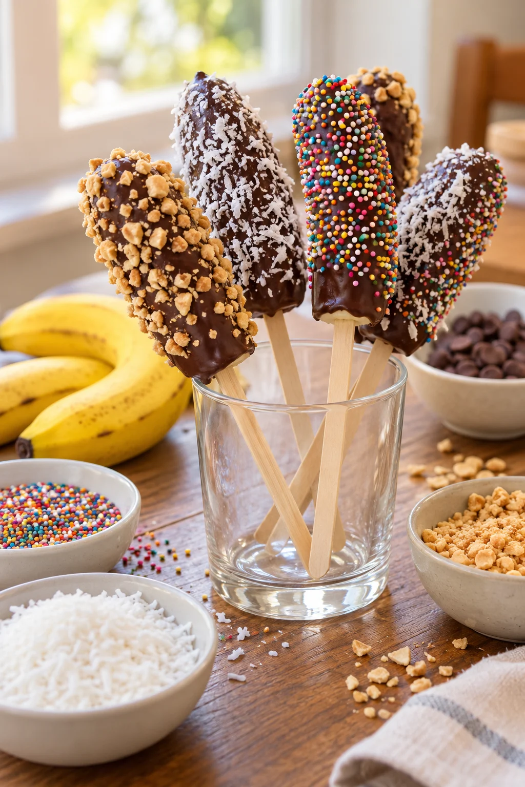 Chocobananos: Chocobanana siendo sostenida, mostrando su cobertura de chocolate