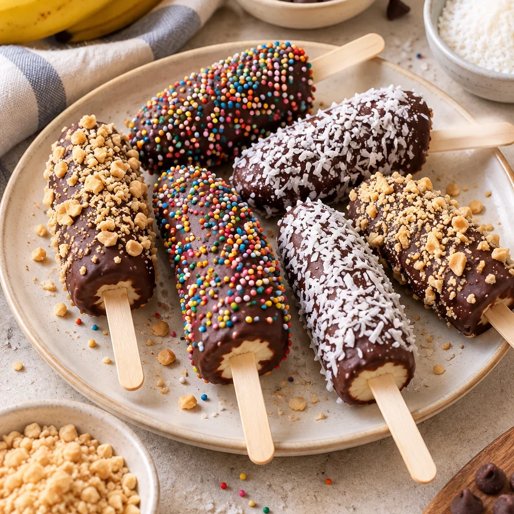 Chocobananos cubiertos de chocolate con toppings coloridos