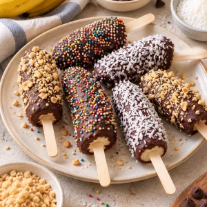 Chocobananos cubiertos de chocolate con toppings coloridos