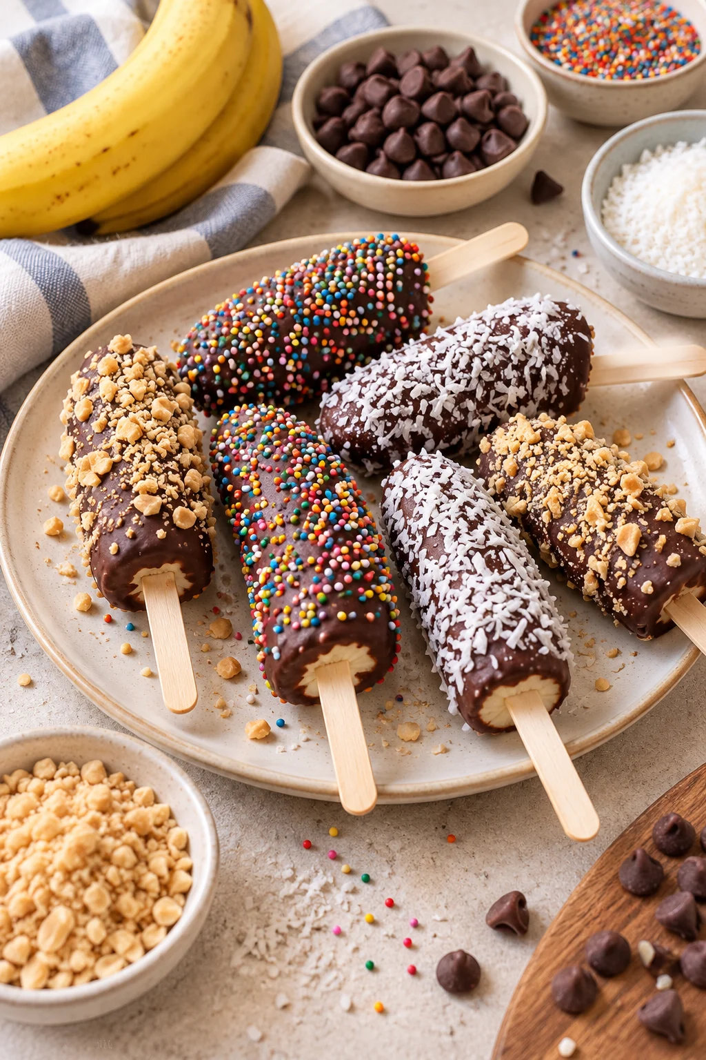 Chocobananos cubiertos de chocolate con toppings coloridos