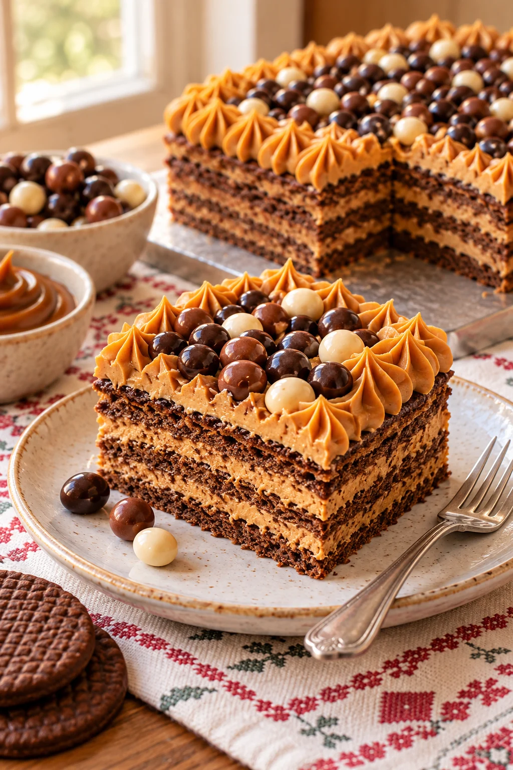 Porción de chocotorta argentina mostrando sus capas