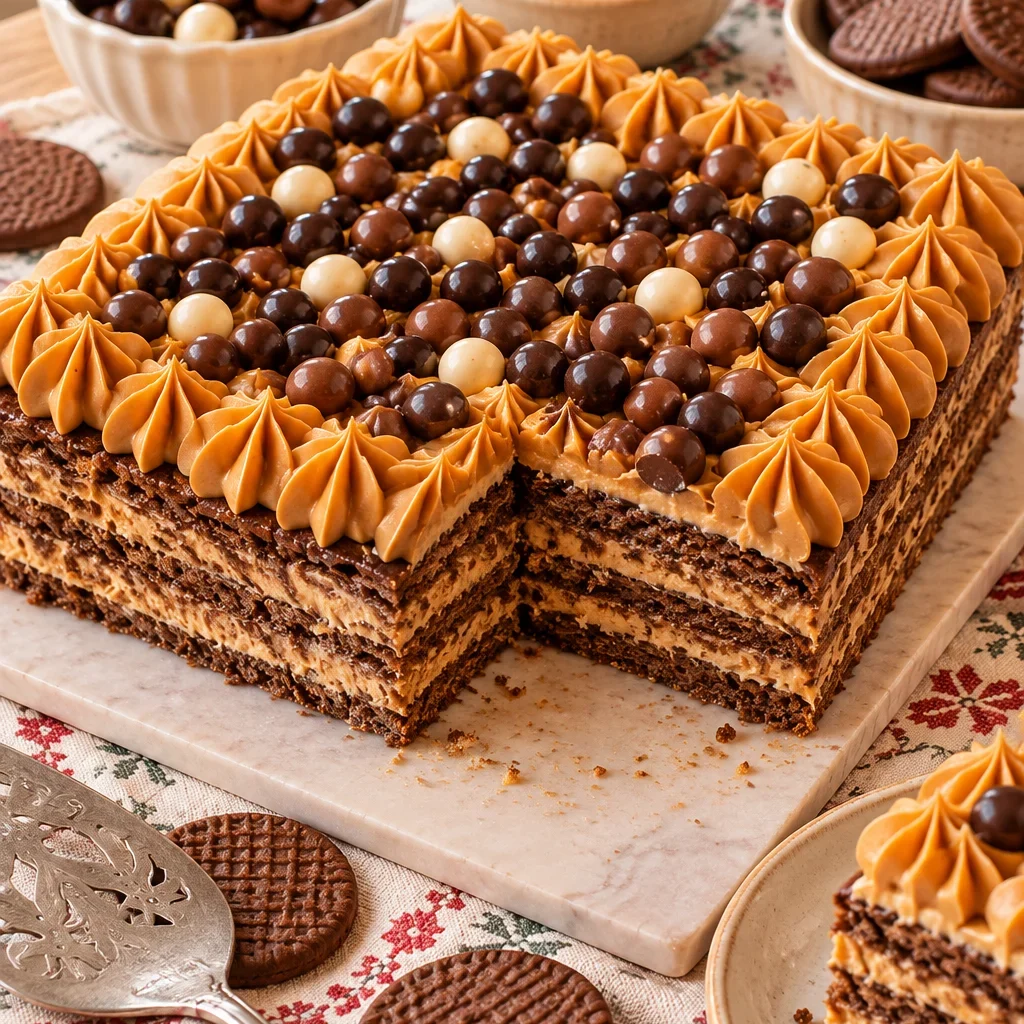 Chocotorta argentina decorada con dulce de leche y cacahuetes de chocolate