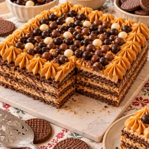 Chocotorta argentina decorada con dulce de leche y cacahuetes de chocolate